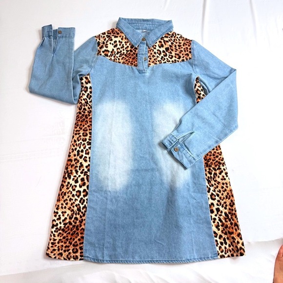 Unbranded Dresses & Skirts - Womens Light Wash Denim Leopard Print Accent Long Sleeve Mini Dress Small